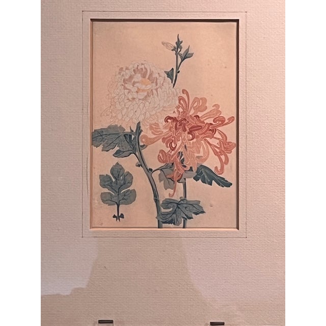 Traditional Vintage Signed Monogram Botanical Woodblock Print Chrysanthemums Metal Frame 14x11 For Sale - Image 3 of 7