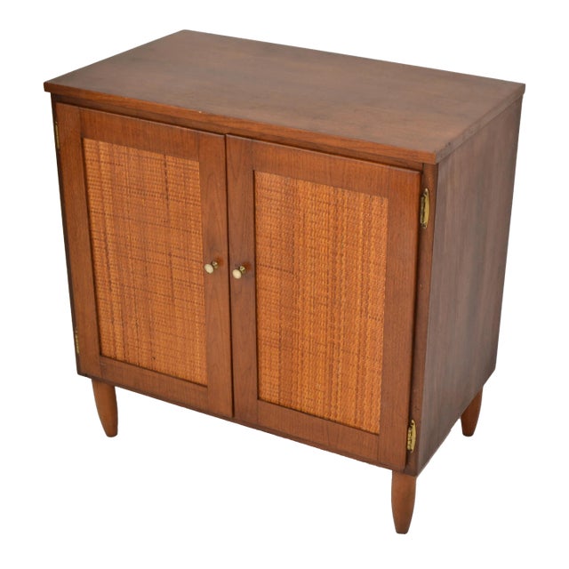 1950s Mid-Century Modern 2 Woven Cane Doors Wood Cabinet Brass Knobs American For Sale
