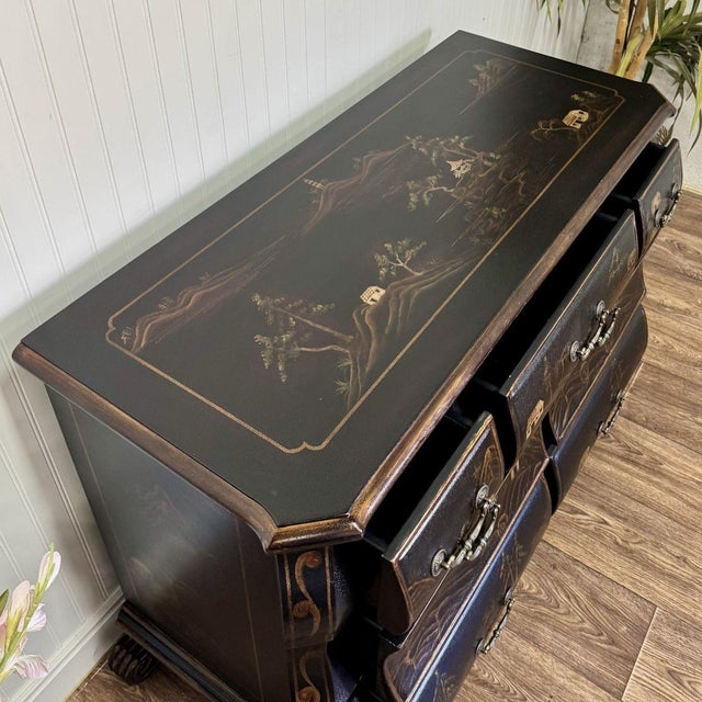 Chinoiserie Vintage-Style Chinoiserie Black Bombe Chest | Hand-Painted Accent Dresser For Sale - Image 3 of 12