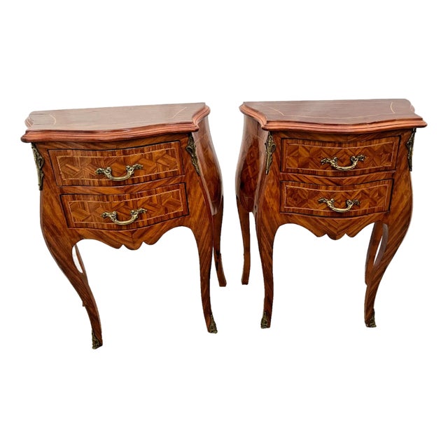 Antique Pair of French Nightstand Tables, Two Drawers, Inlays, Brass Ormolu For Sale
