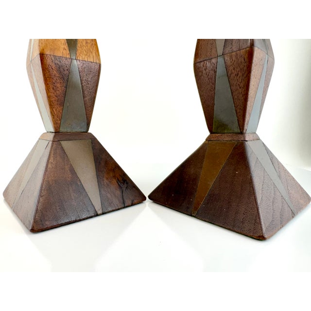 1960s Mid-Century Faceted Wood & Inlaid Metal Candlesticks, Geometric Modernist Form, a Pair For Sale In Little Rock - Image 6 of 9