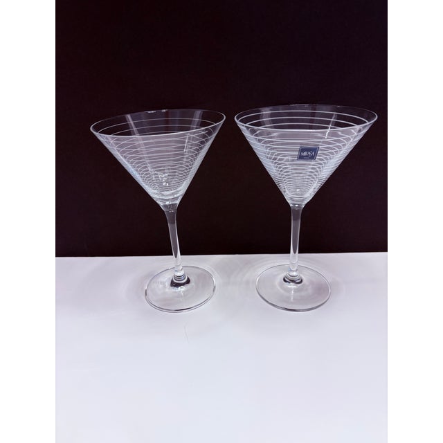 Pair of Vintage Mikasa Cheers Etched Ring Glass Martini Cocktail Glasses Horizontal Pattern Modernist Barware For Sale In Indianapolis - Image 6 of 7