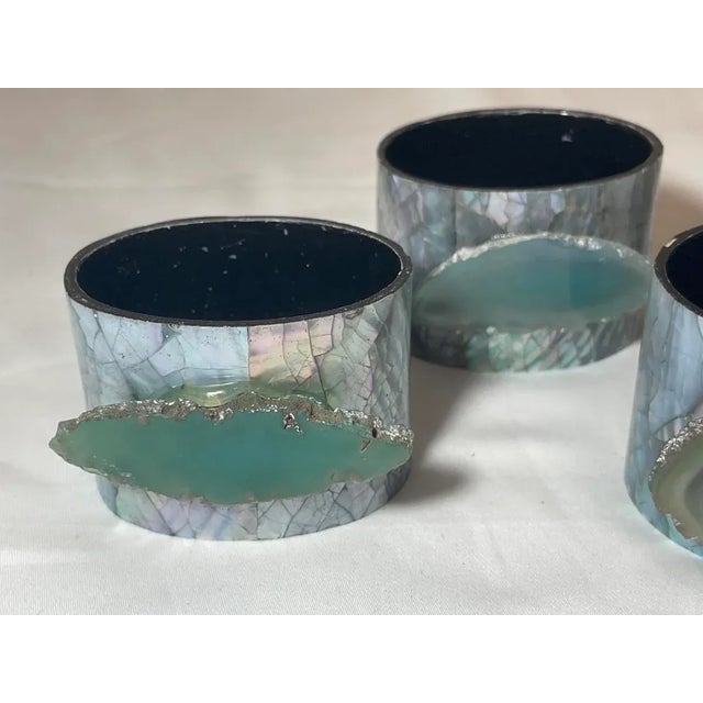 Vintage Set of 6 Abalone & Green Agate Slice Napkin Rings For Sale - Image 4 of 7