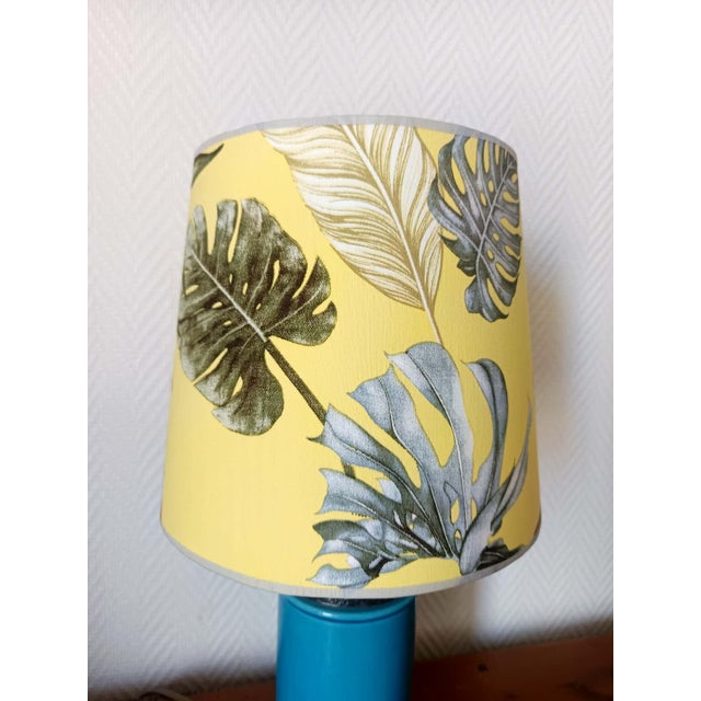 Textile Blue Ceramic Lamp with Claw Feet and Foliage Lampshade, 1960s For Sale - Image 7 of 14