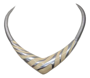 Vintage 1985 Signed Monet Rhodium Plated Ivory Enamel Zebra Stripe v Collar Necklace