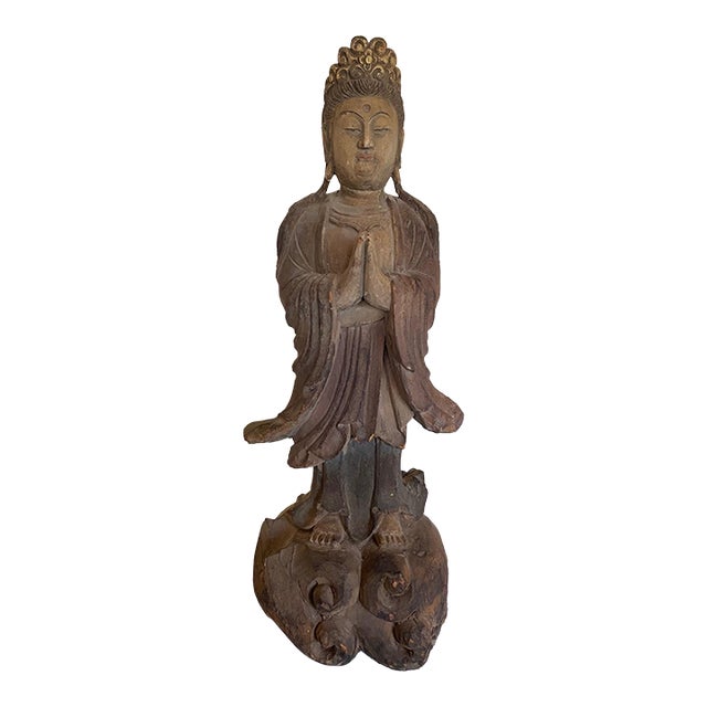 Hand‑Carved Wooden Guanyin / Bodhisattva Statue – 28” Vintage Asian Figure For Sale