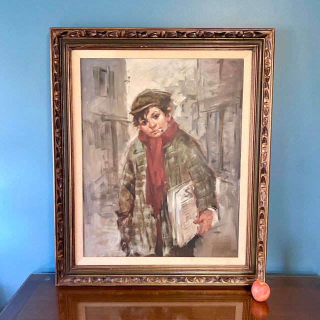 Gray City Newsboy in Winter Oil on Canvas Framed For Sale - Image 8 of 15