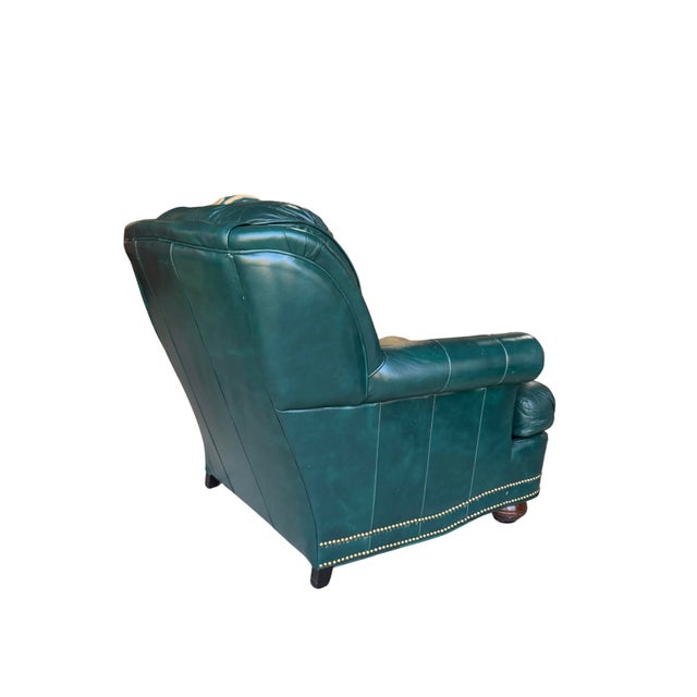 Vintage Thomas-Bain Leather Club Chair & Ottoman Set in Peacock Teal Green | Tufted Traditional Lounge Seating For Sale - Image 13 of 18