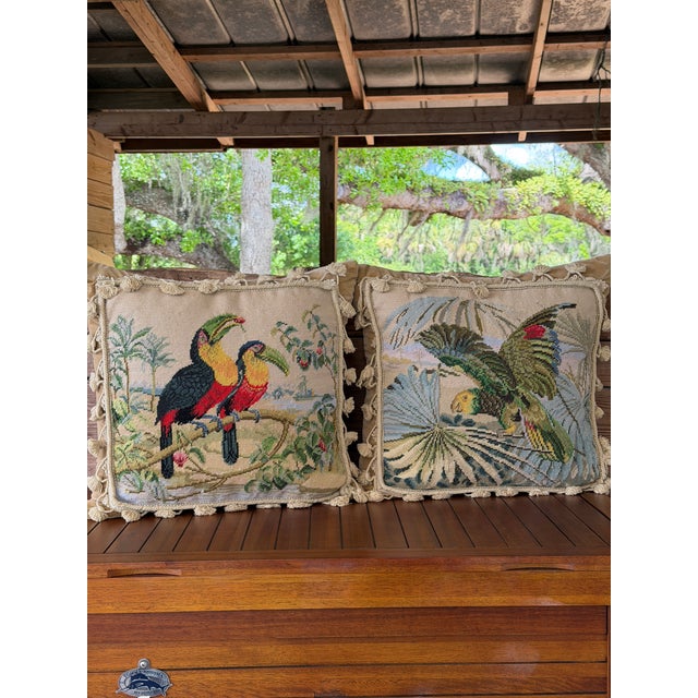 Vintage Tropical Bird Needlepoint Pillows With Tassel Trim Velvet Back-Pair For Sale - Image 10 of 12