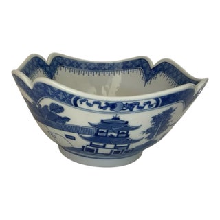 Vintage Large "Blue Canton" Porcelain Deep Square Fruit / Centerpiece Bowl - 9" Portugal 1980s-1990s For Sale