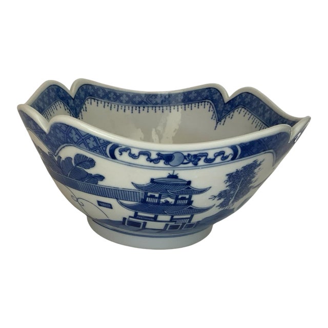 Vintage Large "Blue Canton" Porcelain Deep Square Fruit / Centerpiece Bowl - 9" Portugal 1980s-1990s For Sale