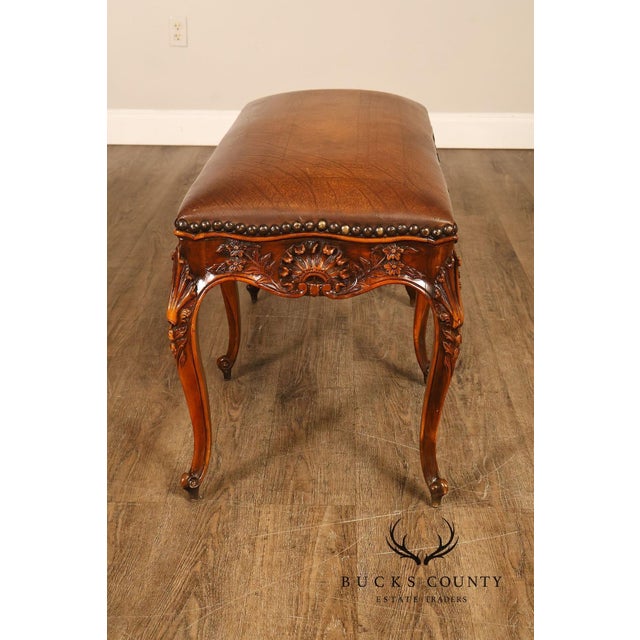 Brown Rococo Style Leather Upholstered Carved Mahogany Window Bench For Sale - Image 8 of 18