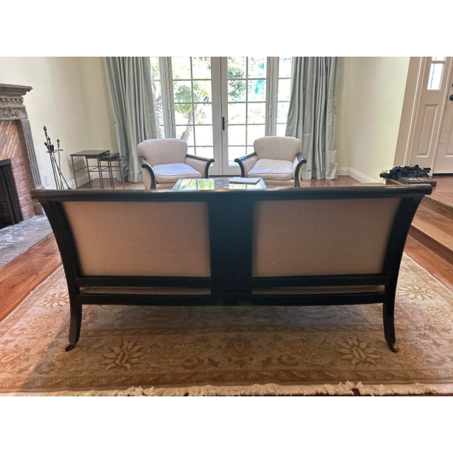 19th century English black Raised Chinoiserie Settee, linen upholstery, perfect condition, original casters