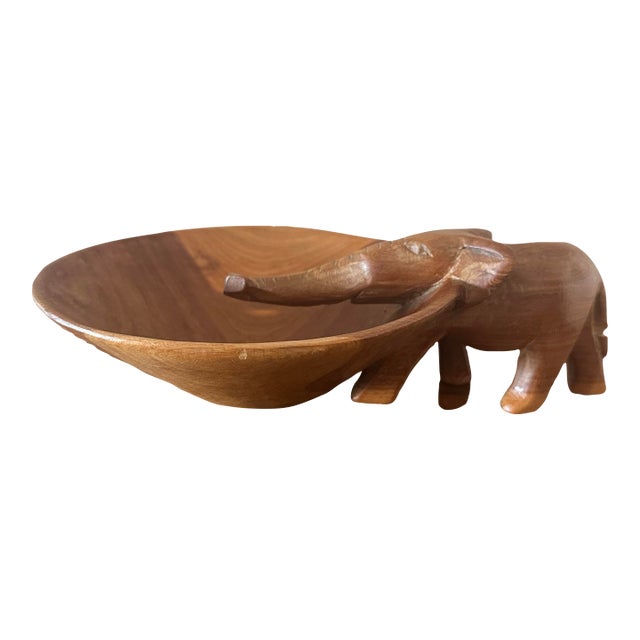 Mid-Century African Hand-Carved Wooden Elephant Catchall Bowl For Sale