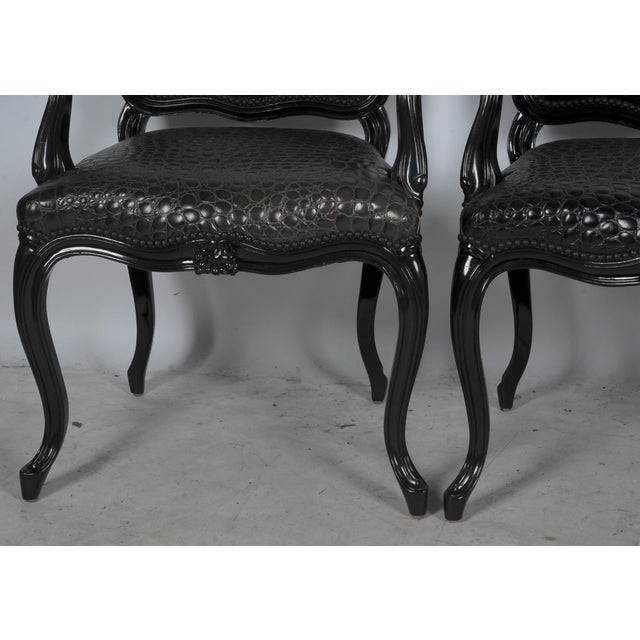 Black Black Faux Crocodile & Glossy Black Louis XV Style Armchairs — A Pair For Sale - Image 8 of 10