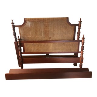 Cherry Wood Queen Bed With Open Cane Webbing For Sale