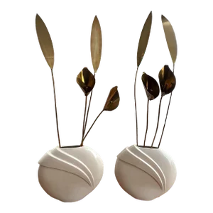 1980 Large White Ceramic Vases With Brass Lilies - a Pair