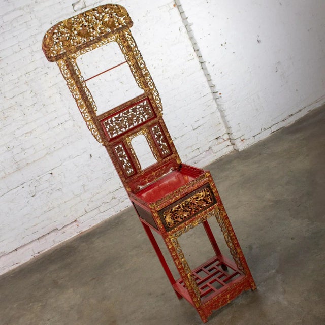 Red Late 19th to Early 20th Century Antique Chinese Wash Basin Stand Red Lacquer & Gilded W/Hand Carved Details For Sale - Image 8 of 18