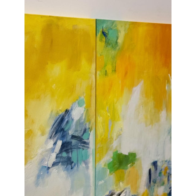 Set of 3 Modern Abstract Paintings Yellow Green Blue Wall Art Acrylic on Canvas For Sale - Image 16 of 16