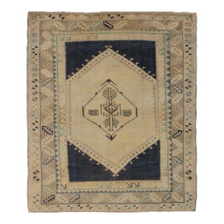 Vintage Turkish Oushak Rug With Central Medallion in Cream and Blue 3'11"x4'9" For Sale