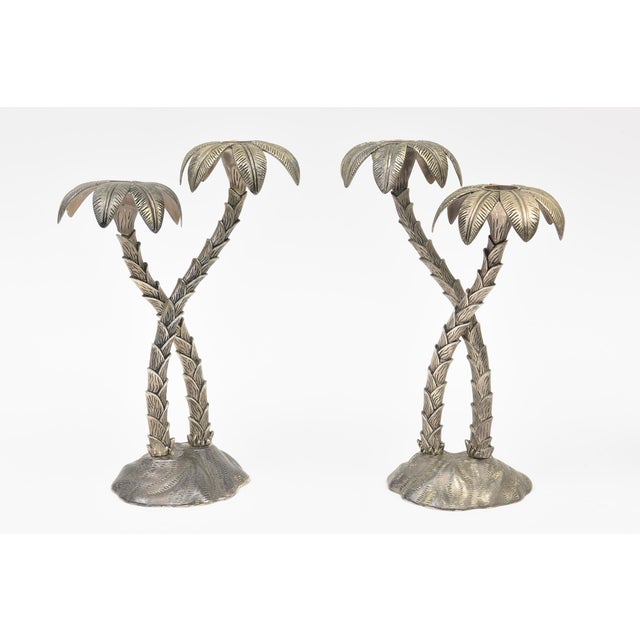 Modern Vintage Coastal 1970's Godinger Silver Plate Palm Tree Candlesticks Pair Of For Sale - Image 3 of 11
