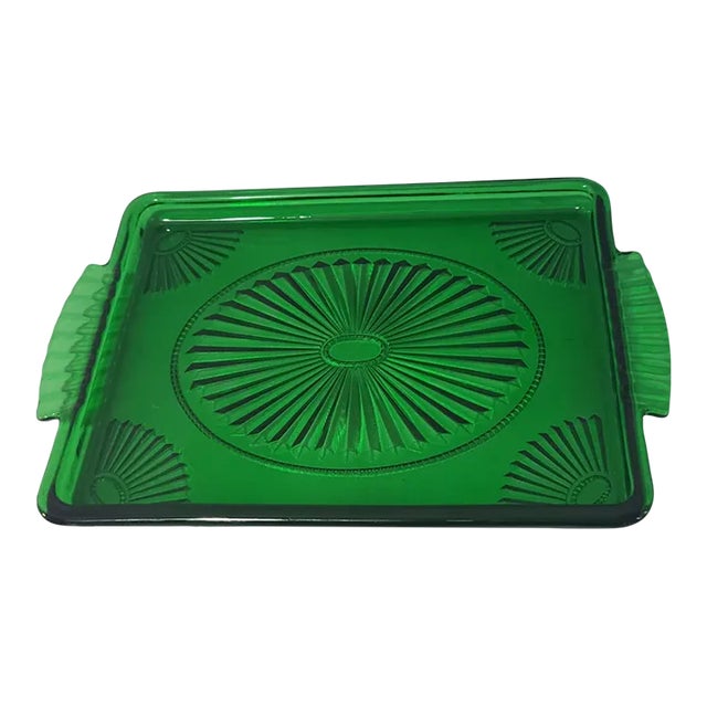 Vintage Art-Deco Emerald Green Glass Vanity or Hors D Oeuvre Tray For Sale