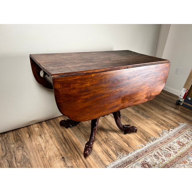 Traditional Antique American Empire Drop Leaf Table With Great Eagle Carved Feet C. 1840 For Sale - Image 3 of 13
