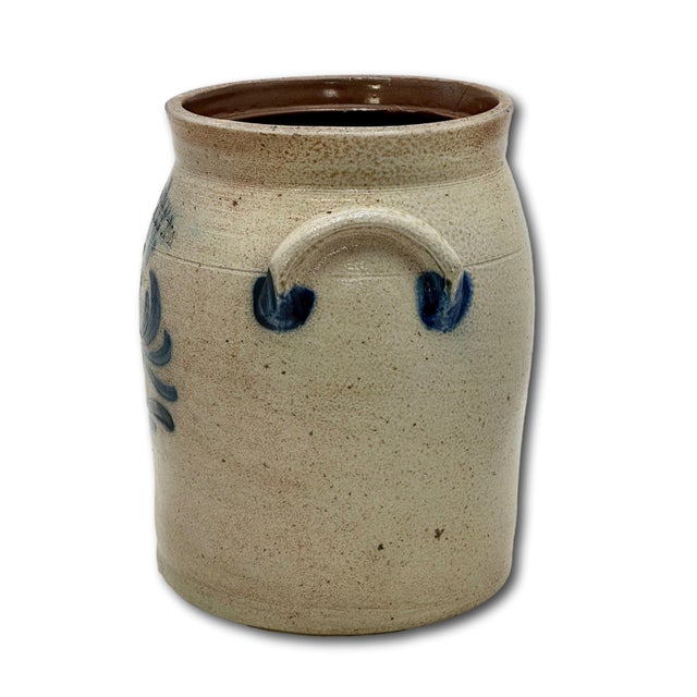 Small 1 Gallon Size Blue Decorated Antique American Stoneware Butter Churn Crock by Cowden & Wilcox Harrisburg Pennsylvania For Sale - Image 12 of 18