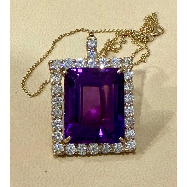 Gemstone 58 Ct Emerald Cut Amethyst & 7 Ct Diamond Pendant Necklace 14KY Gold + Chain For Sale - Image 7 of 18