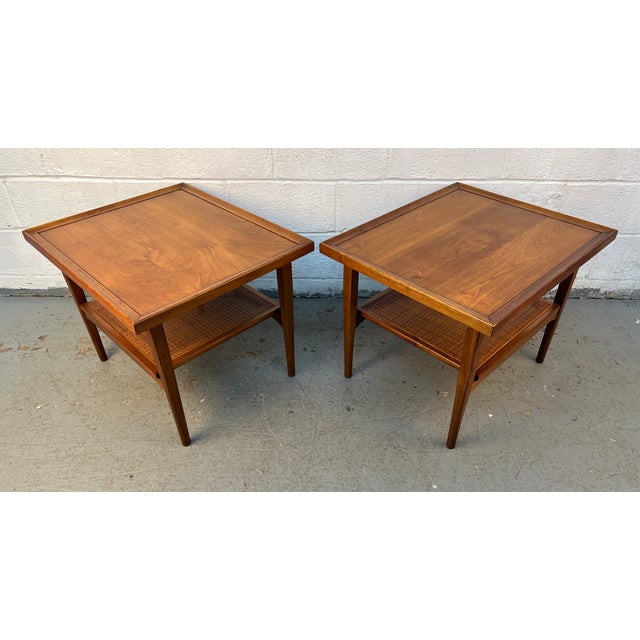 Mid-Century Modern Mid-Century Walnut and Cane Drexel Declaration End Tables by Kipp Stewart For Sale - Image 3 of 14