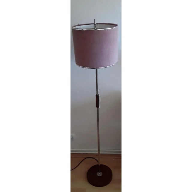 Vintage German Floor Lamp with Base and Grip in Teak & Chrome-Plated Metal Rod and Pink-Colored Screen with Plastic...