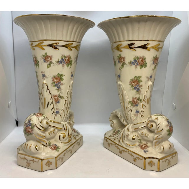 Vintage Pair of English Hand Decorated “Eton China” Horn of Plenty Vases with Gold Highlighted with Pink Roses & Blue...