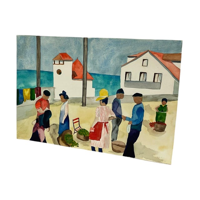 Original watercolor painting depicting an outdoor village market scene near the coast. The composition features several...