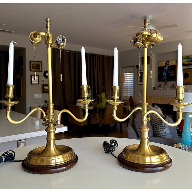 Traditional Pair Brass Bouillotte Candleholder Table Lamps Wildwood For Sale - Image 3 of 15