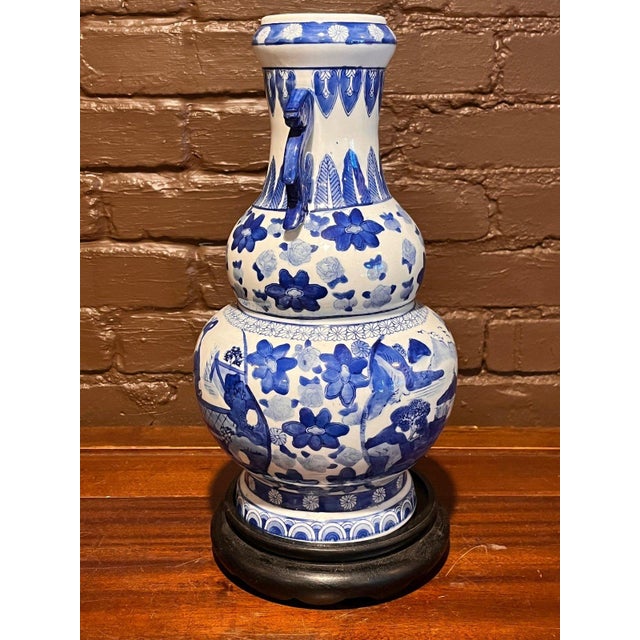 15" Chinese Blue & White Porcelain Double Gourd Vase Scholar Maiden Figures For Sale - Image 4 of 6