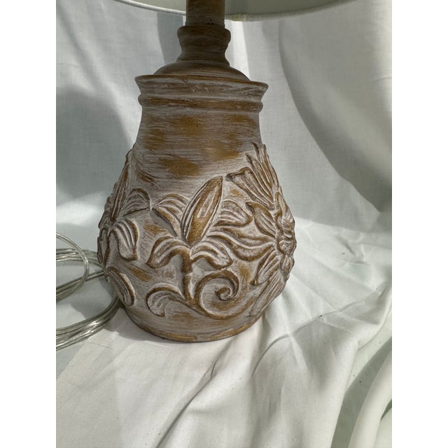 French Country Oneach Retro Table Lamp - White Wash Wood Look With White Fabric Drum Shade For Sale - Image 3 of 3