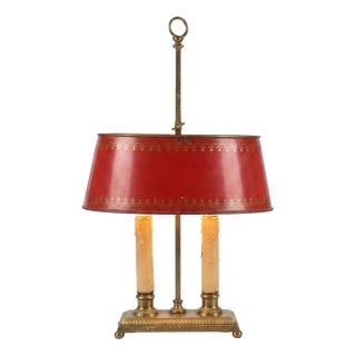 Brass Bouillotte Table Lamp with Red Tole Shade, 1950s For Sale