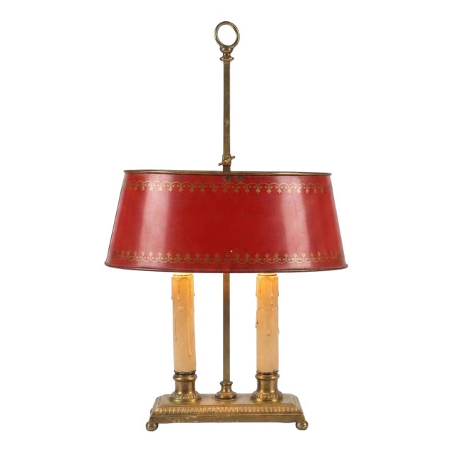 Brass Bouillotte Table Lamp with Red Tole Shade, 1950s For Sale