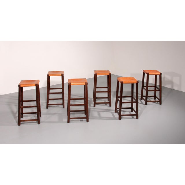 Mid-Century Oak Bar Stools with Cognac Leather Seats, 1970, Set of 6 For Sale - Image 4 of 7