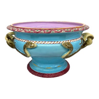 A Minton Majolica Turquoise Ground Snake-Handled Jardinière, Dated 1858 For Sale