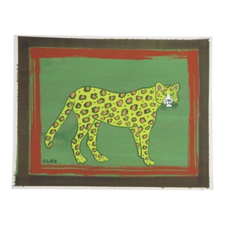 Leopard Safari Folk Art Expressionist Green Sienna Burnt Umber Original Painting by Cleo Plowden For Sale