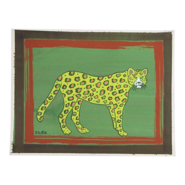 Leopard Safari Folk Art Expressionist Green Sienna Burnt Umber Original Painting by Cleo Plowden For Sale