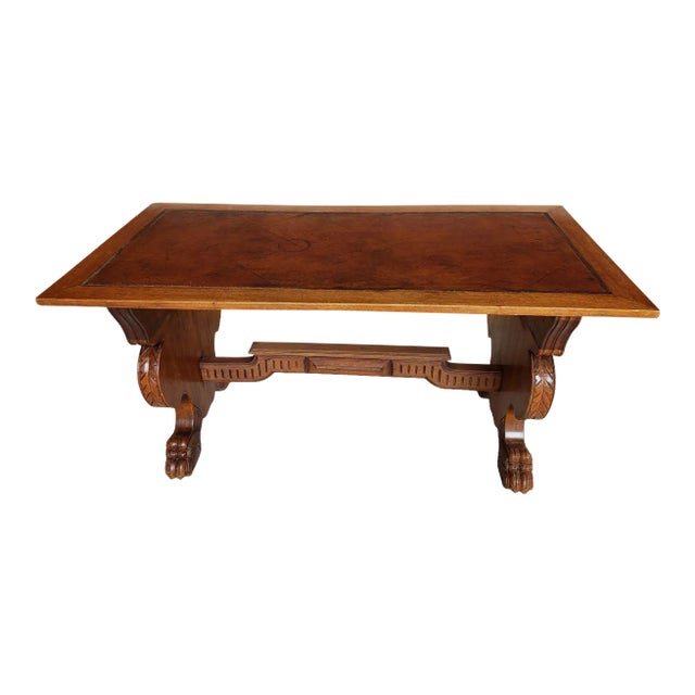 Antique Belgium Console Trestle Table With Leather Top For Sale