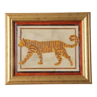 Tiger Folk Art Minimalism Abstract Sienna Beige Burnt Umber Original Oil Painting by Cleo Plowden For Sale
