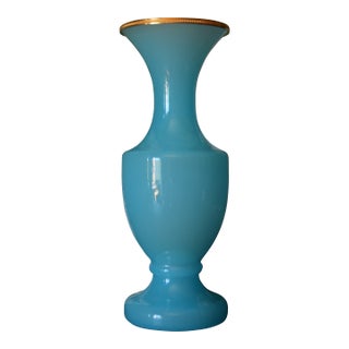 Vintage French Blue Opaline Crystal Vase With Gilt Bronze Rim For Sale