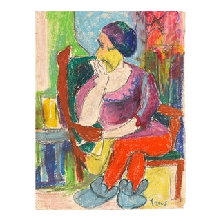 1960s Katharine Yares Modern Pastel of a Seated Lady For Sale