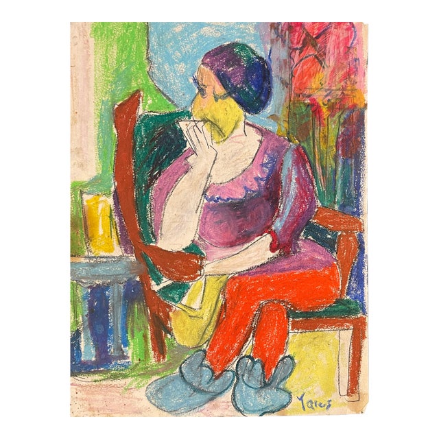 1960s Katharine Yares Modern Pastel of a Seated Lady For Sale