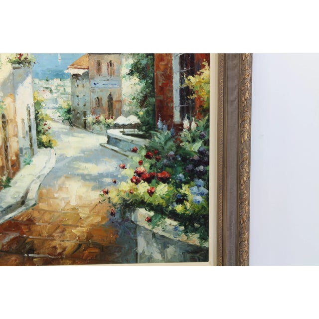 Original Mediterranean cityscape oil painting on canvas display on wood frame This coastal scene was done with palette...