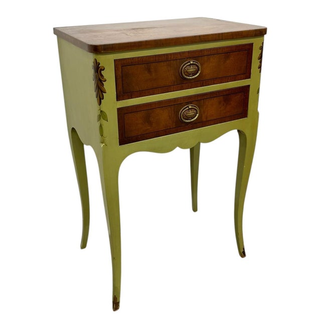 John Widdicomb Vintage John Widdicomb Two Drawer Painted Side Table With Cabriole Legs and Decorative Motifs For Sale - Image 4 of 11