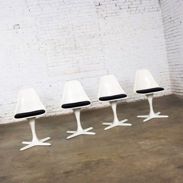 Metal Mid-20th Century MCM Burke Tulip Side Chairs No 103 White Shell Black Cushions Oval Stationary 4 Prong Base Set of 4 For Sale - Image 7 of 18
